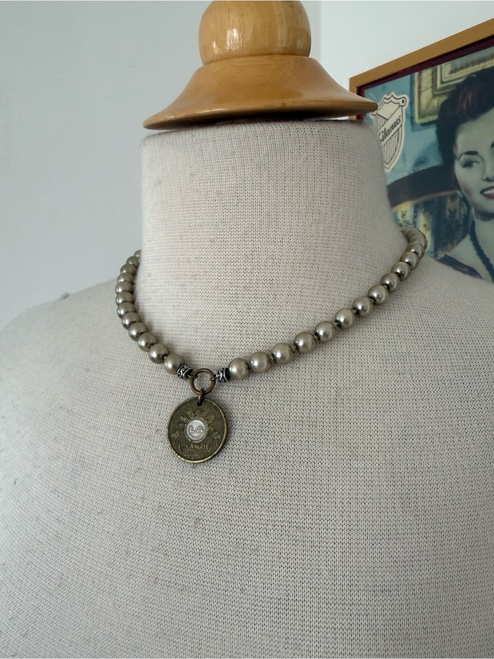 Pearl Bead Pendant Necklace with Vintage Coin Charm